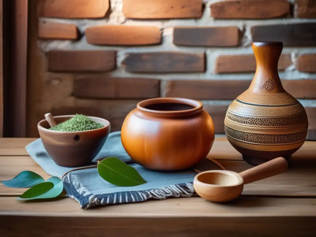 Accesorios para disfrutar el mate en una imagen vintage acogedora con una mesa de madera y detalles tradicionales