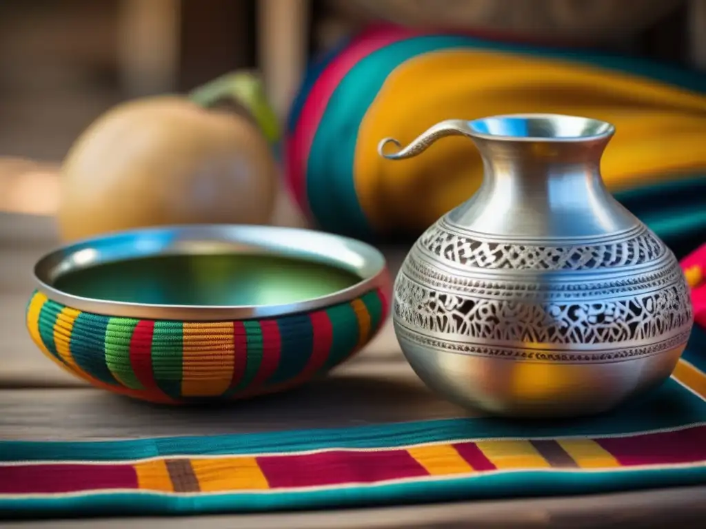 Accesorios para celebrar la tradición del mate - Gourd y bombilla de plata antiguos en mesa de madera rústica con arte guaraní y textiles coloridos