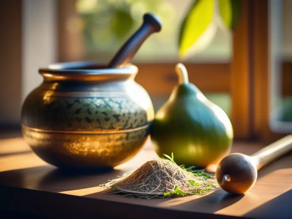 Accesorios para celebrar la tradición del mate en una imagen vintage de mate gourd, bombilla y entorno acogedor