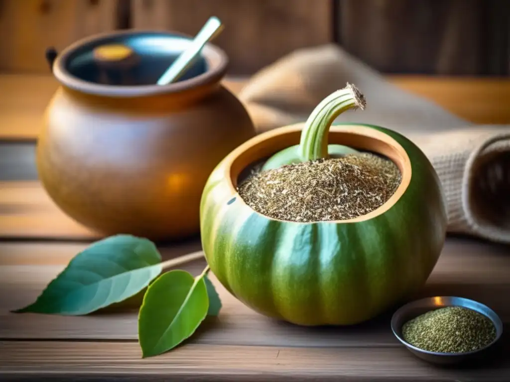 Accesorios tradicionales del mate gaucho y chimarrão rodean una mateína con yerba mate en una mesa rústica