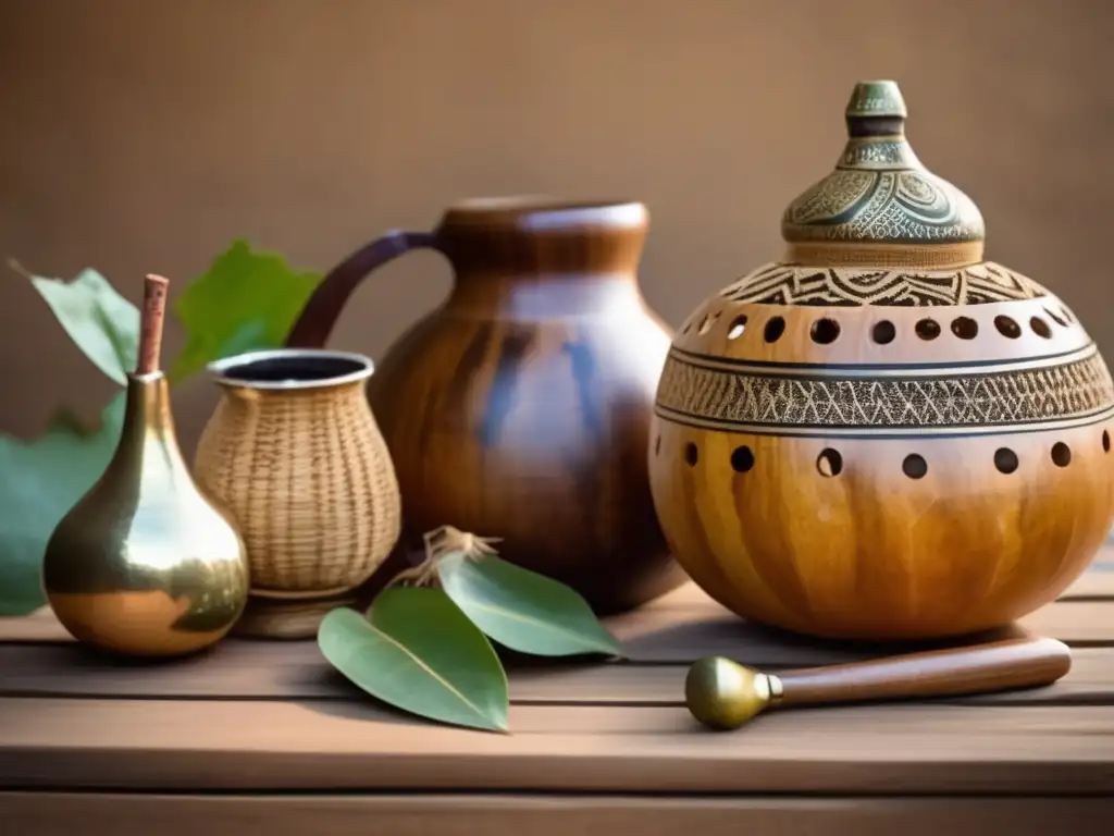 Accesorios tradicionales para mate: gourd, bombilla, yerba mate, mate bag, escala, mapa de Sudamérica