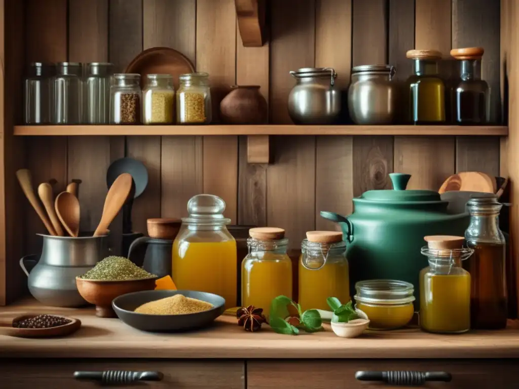 Aceites aromatizados con mate casero en escena de cocina vintage