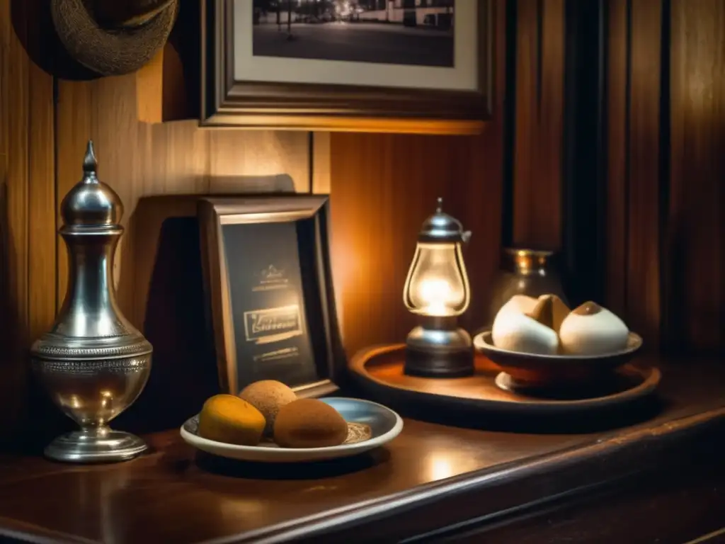 Tradición del mate en Buenos Aires: rincón acogedor de un bar notable con muebles antiguos, fotografías en blanco y negro de la ciudad y una mesa de madera desgastada con mate, bombilla y alfajores