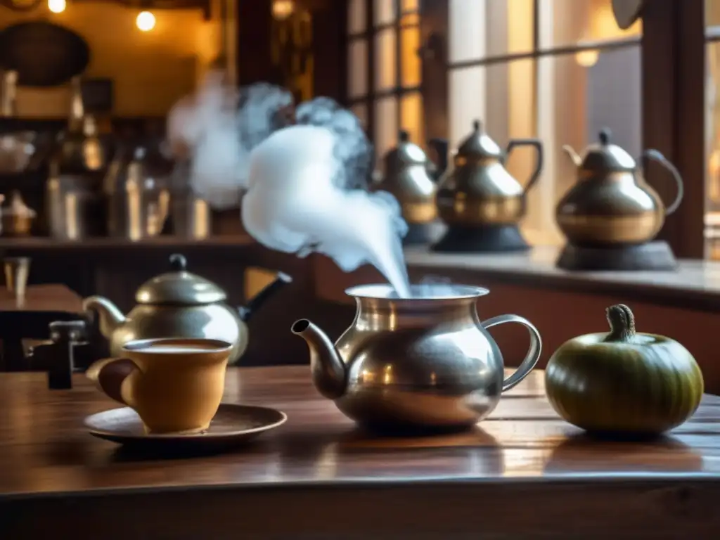 Un acogedor café en Buenos Aires con mate dulce y amargo, música de tango y pinturas vibrantes de rituales de mate