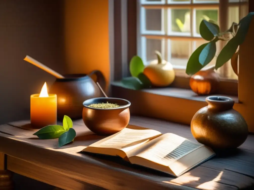 Rincón acogedor con mesa de madera, mate tradicional, libro desgastado y fotos antiguas