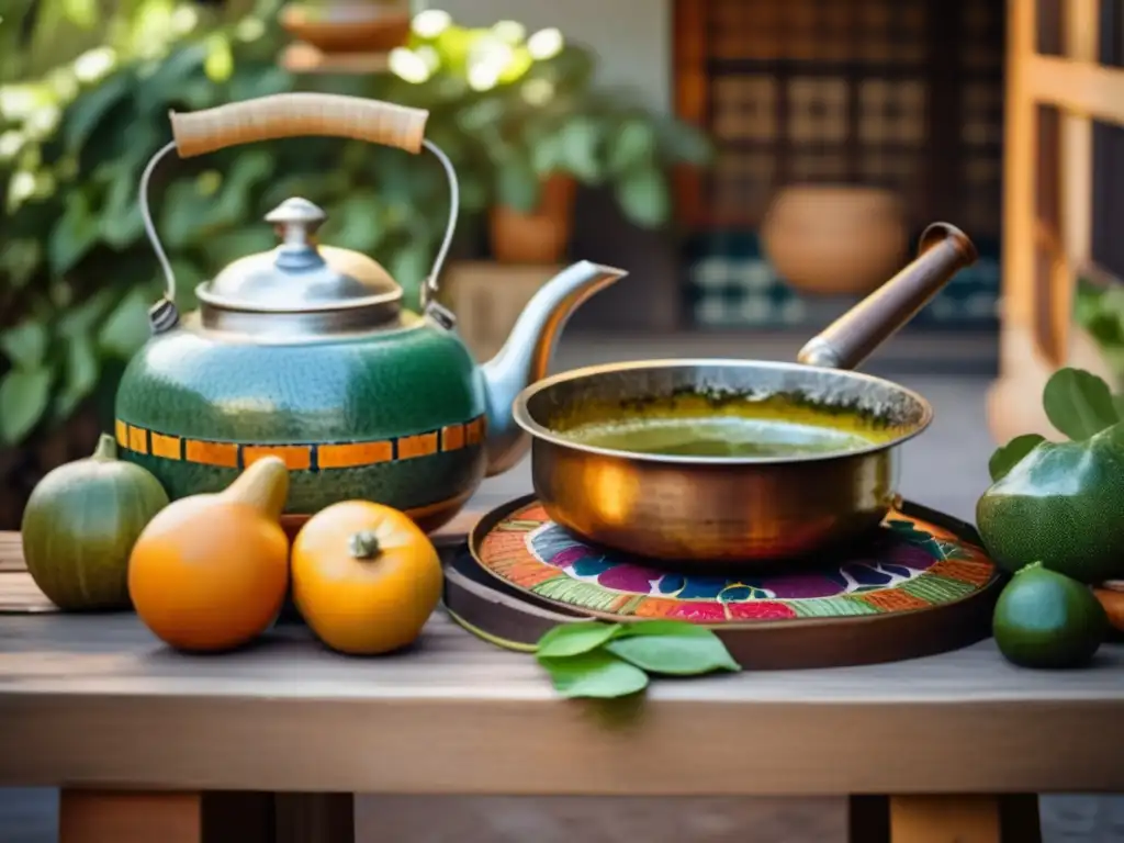 Rincón acogedor en un patio argentino tradicional con azulejos coloridos y vegetación exuberante