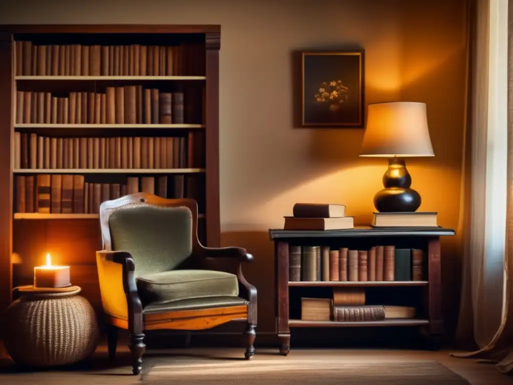 Habitación acogedora con muebles de madera, estanterías llenas de libros antiguos y un sillón desgastado junto a una mesa con mate y bombilla