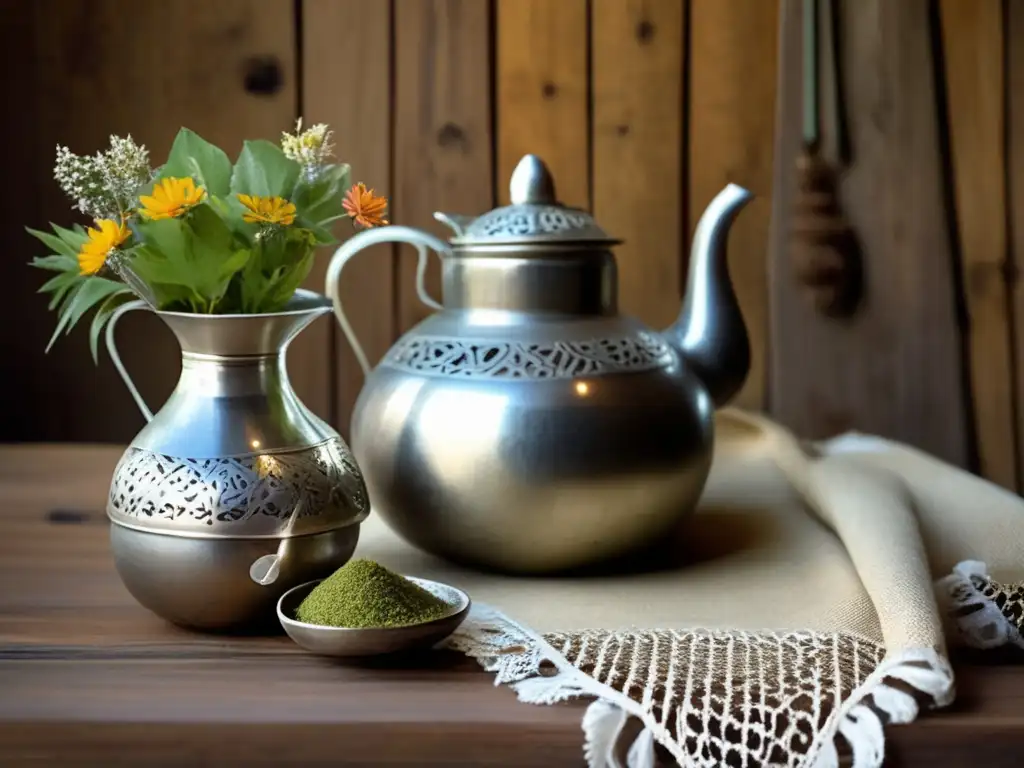 Adaptación de la ceremonia del mate en un hogar tradicional sudamericano, con mate, bombilla, mesa de madera y flores silvestres