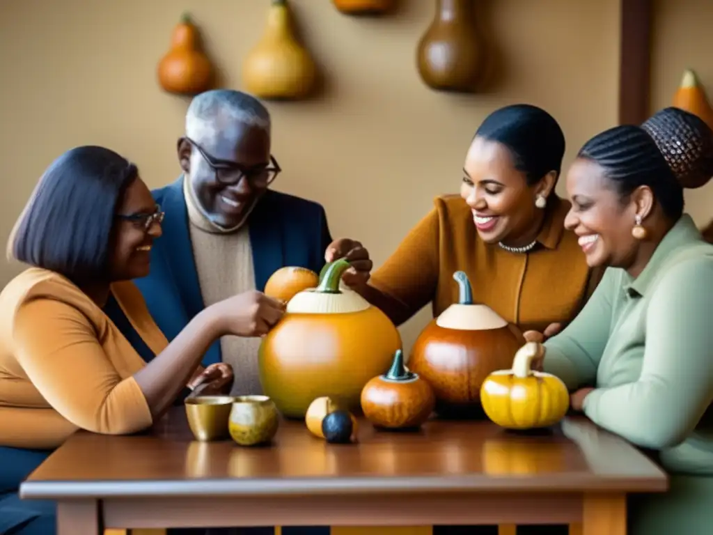 Adaptaciones del mate para discapacidad: grupo diverso disfrutando de mate con gourds adaptadas y ambiente vintage