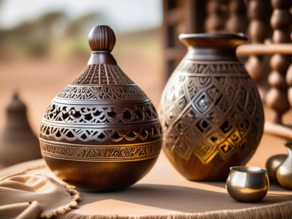 Adaptaciones del ritual del mate en África: mate gourd, silver bombilla, African village, locals in traditional attire, fusion of cultures