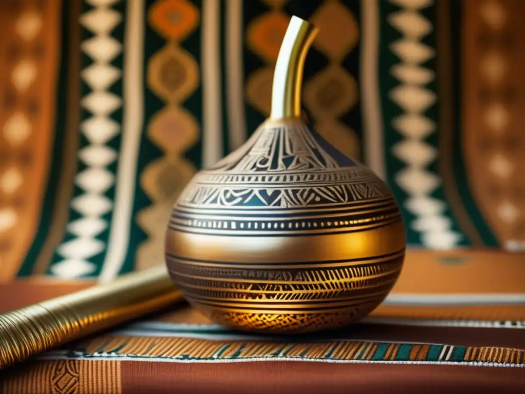 Adaptaciones del ritual del mate en África: gourd y bombilla en textil africano, con grabados y colores vibrantes, transmitiendo historia y tradición