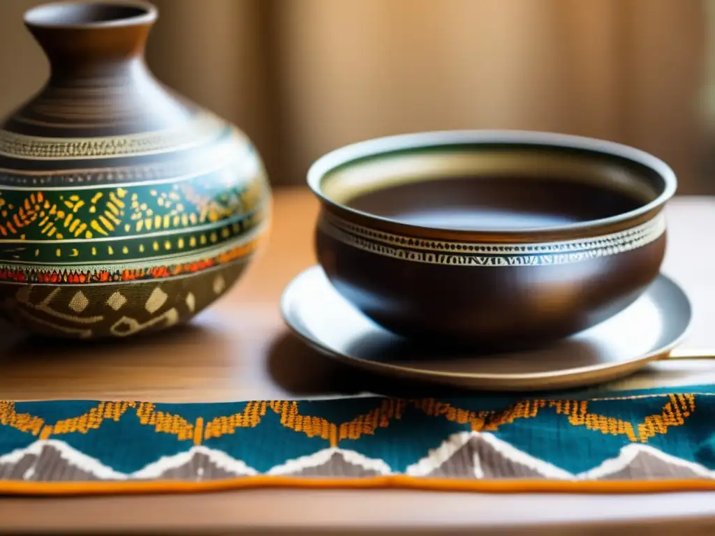 Adaptaciones del ritual del mate en África: mesa de madera vintage con textil africano, mate y decoración tribal