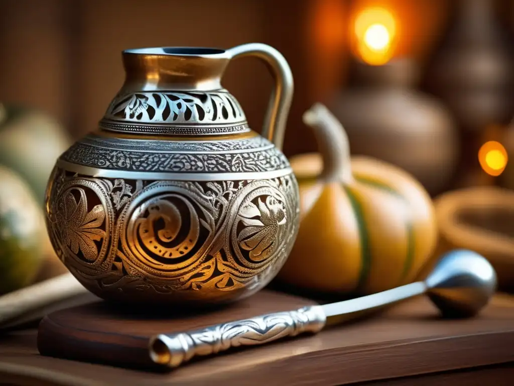 Adaptaciones del ritual del mate: gourd, bombilla, carvings, craftsmanship, silver, tradition, yerba mate, visual effect, vintage aesthetic