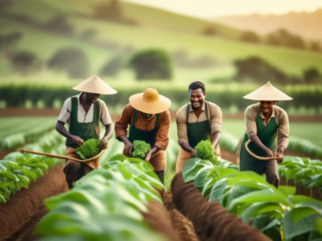 Agricultura colaborativa para mate sostenible en un campo verde con agricultores trabajando juntos