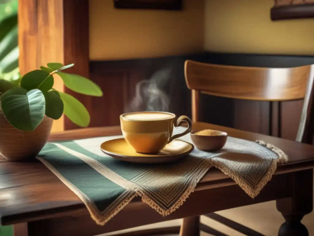 Alternativas seguras a la cafeína mate: una escena vintage que muestra una mesa de madera rústica con mate y libros antiguos