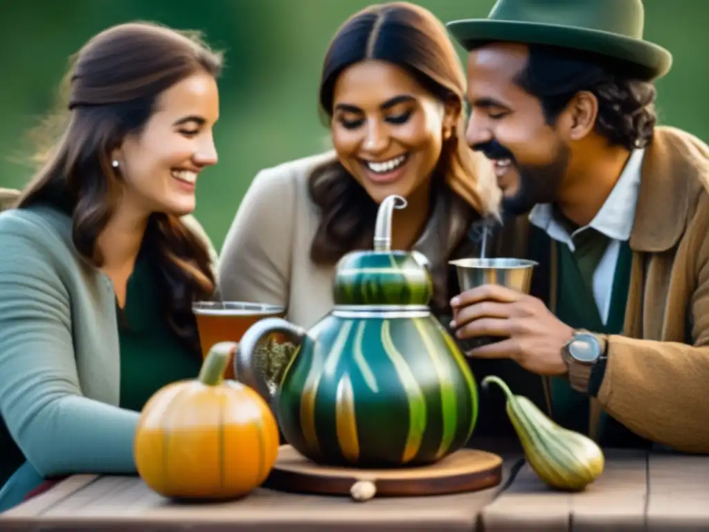 Amigos disfrutando de una cálida conversación alrededor de una mesa con mate, en un ambiente nostálgico y acogedor