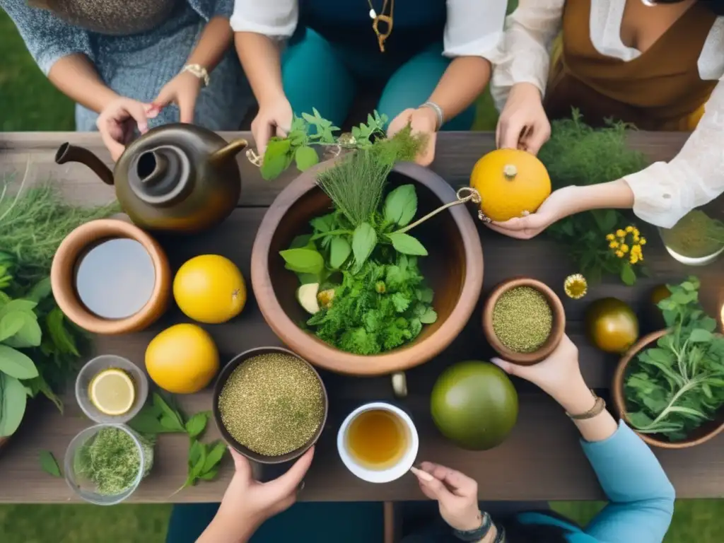 Amigos disfrutando de una infusión de mate con hierbas complementarias en una mesa rústica al atardecer