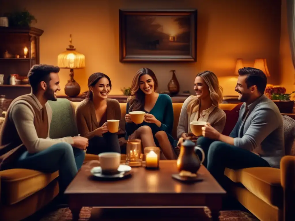 Amigos disfrutando de mate en un acogedor salón vintage, fomentando la camaradería y la salud social