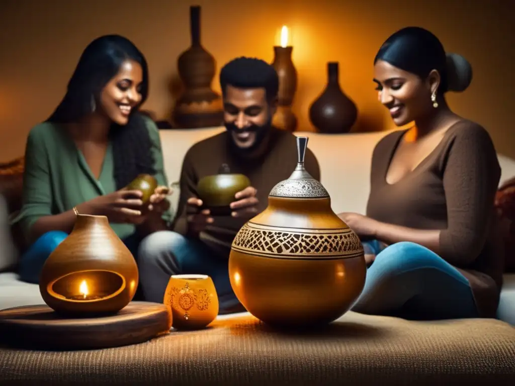 Amigos disfrutando de la tradición del mate en una acogedora sala, con gourd, bombilla y cucharita de mate