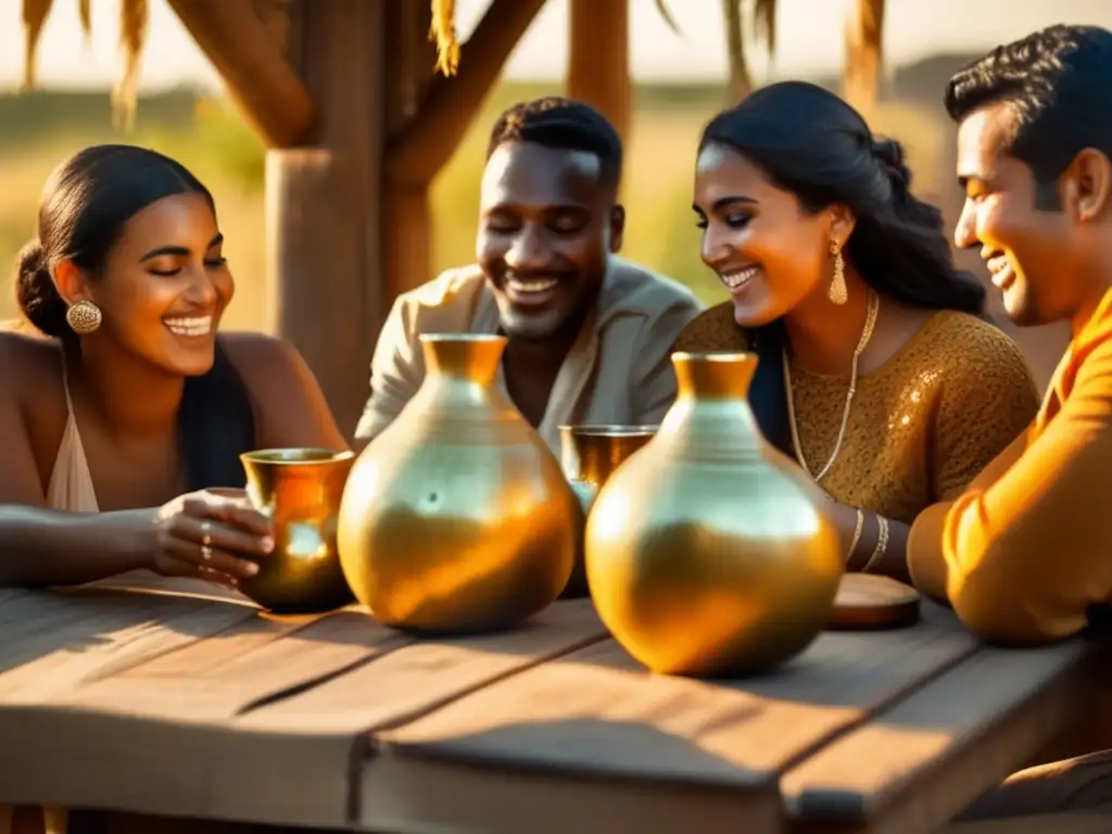 Amigos disfrutando de mate con elementos tradicionales en un ambiente vintage