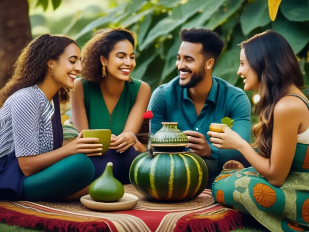 Amigos disfrutan de mate y frutos secos en un entorno encantador de naturaleza abundante