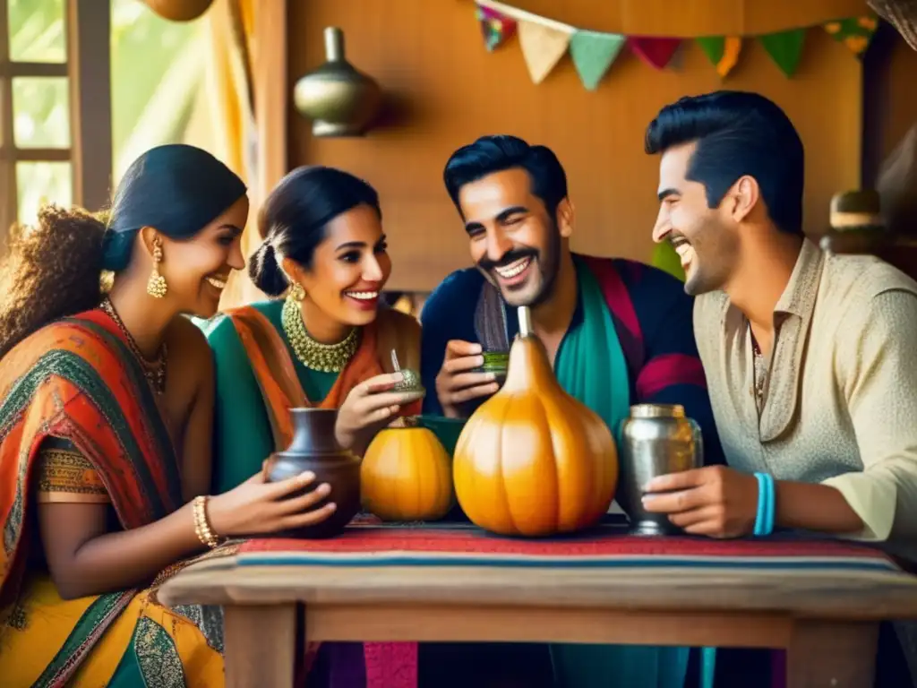 Amigos disfrutando de mate en una mesa de madera con accesorios tradicionales y una atmósfera cálida