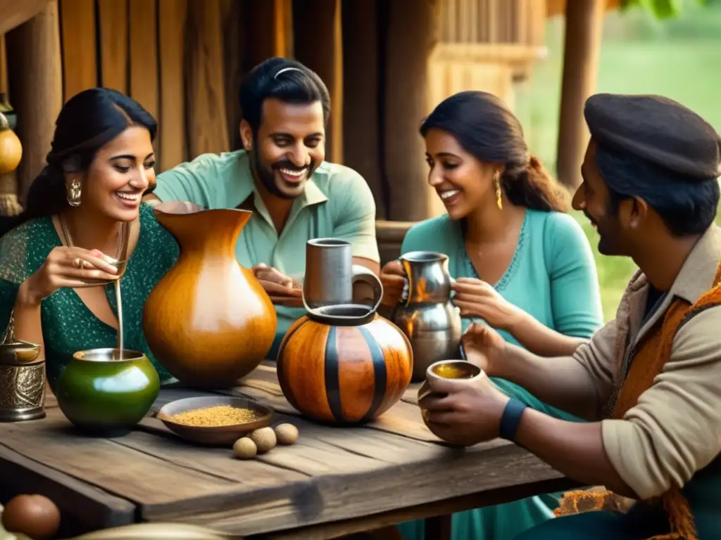 Amigos disfrutando de mate en una mesa rústica con utensilios tradicionales