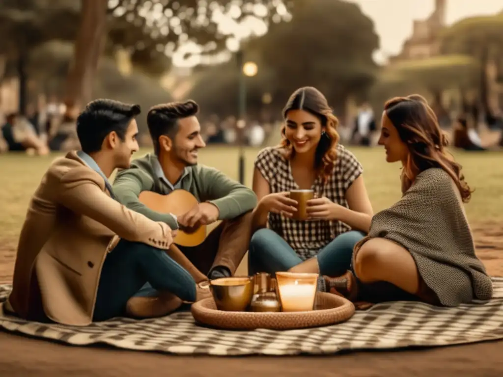 Amigos disfrutando de la tradición del mate en un parque de Buenos Aires