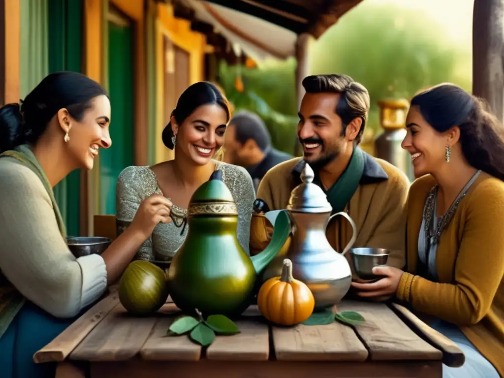 Amigos compartiendo mate en patio argentino Amigos disfrutan de la tradición del mate en un patio argentino con mate, agua caliente y yerba mate