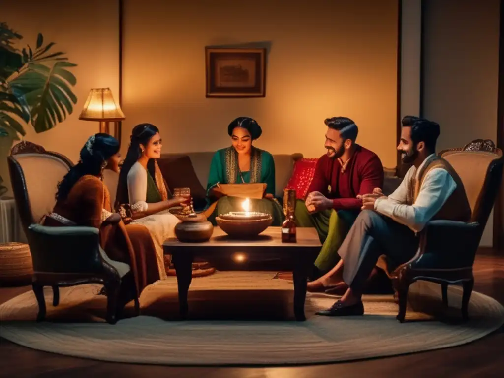 Amigos compartiendo tradición del mate en sala vintage