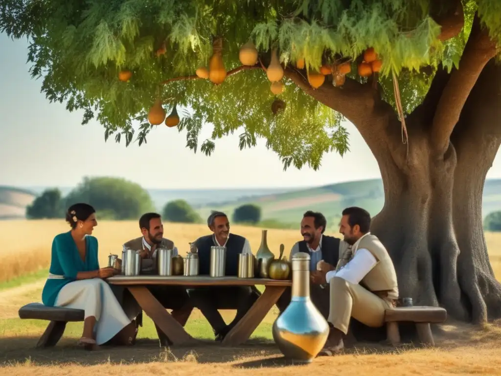 Amigos disfrutando de mate y tereré bajo un árbol en el campo rioplatense - Versos frescos poesía rioplatense mate