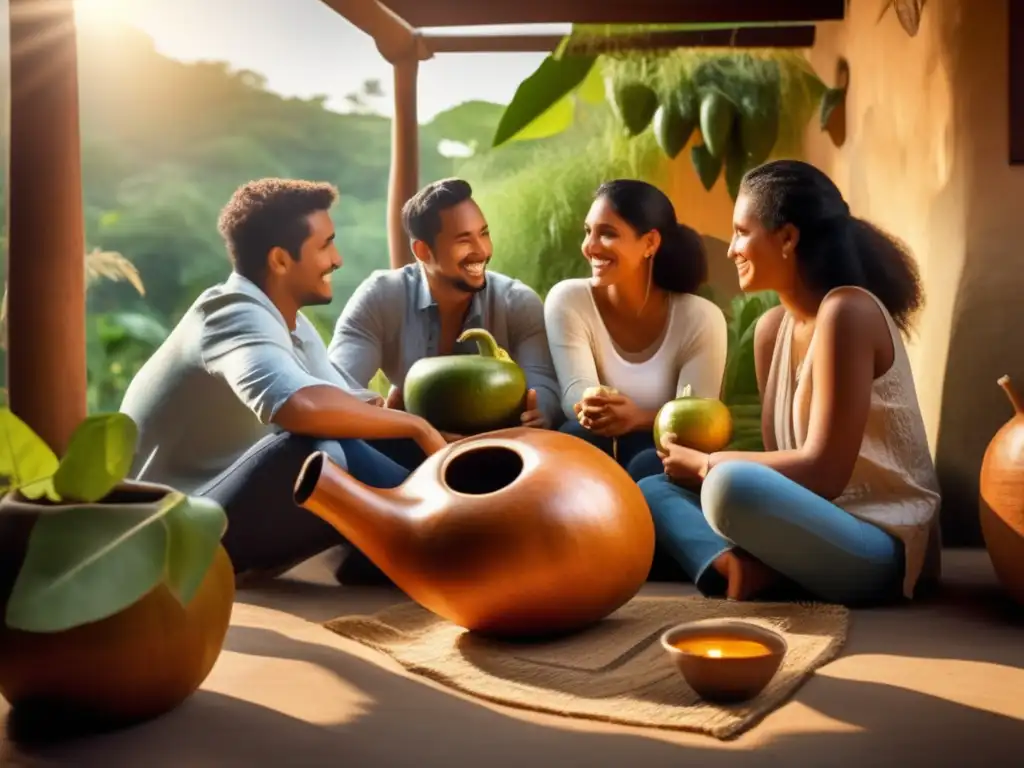 Amigos disfrutando del mate en un patio sudamericano Amigos disfrutan del ritual del mate en un patio sudamericano rodeados de naturaleza - Propiedades saludables de las yerbas compuestas