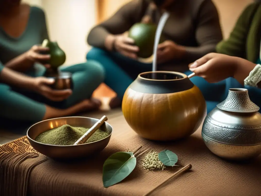 Amigos disfrutan de ritual del mate en una sala acogedora, rodeados de tazas vintage