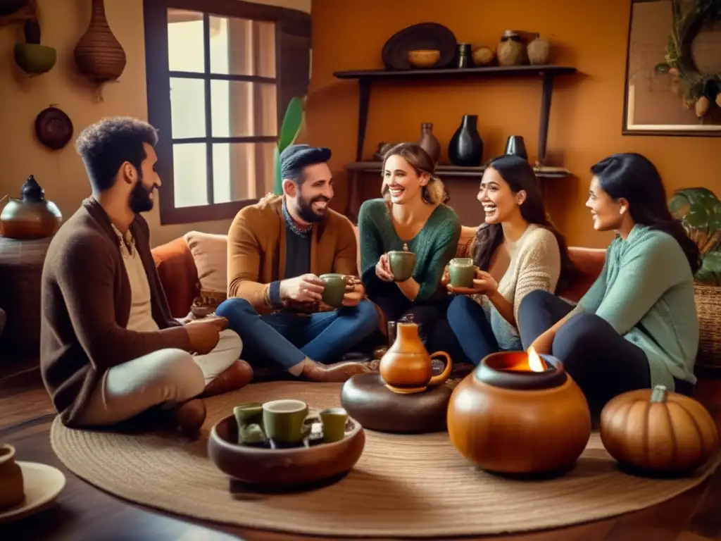 Amigos disfrutando de una sesión de yerba mate en una acogedora sala vintage