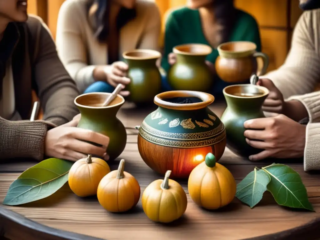 Amigos disfrutando de un ritual de mate Amigos disfrutando de una tradicional mate en una mesa de madera, con gourd antiguo y yerba mate