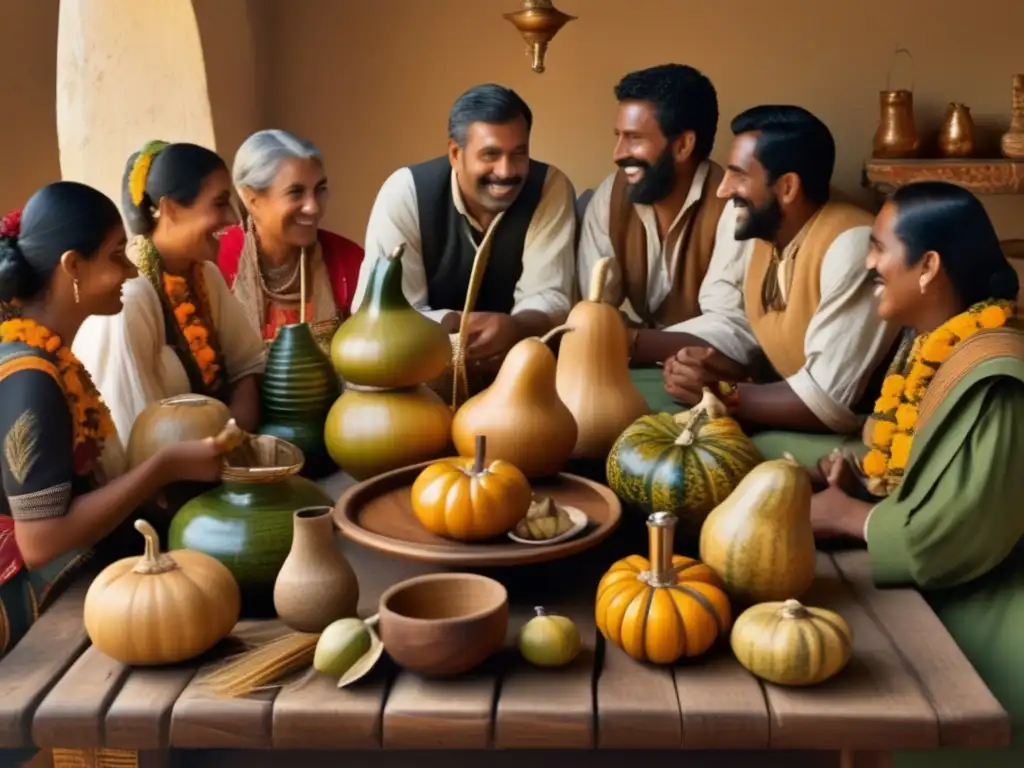 Ancestral escena rioplatense: tribus guardianes, tradición y mate en mesa de madera adornada con accesorios, mate gourds y bombillas