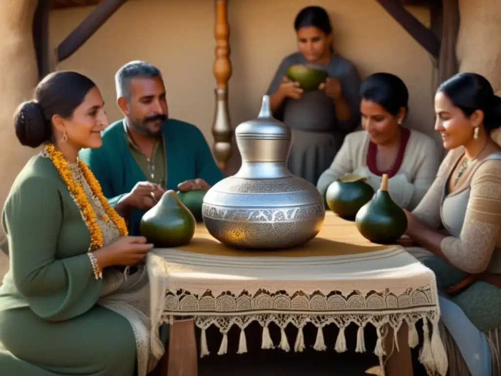 Anécdotas del mate en sociedad: ceremonia vintage rioplatense con mesa de madera, mantel de encaje, mate de plata y bombilla