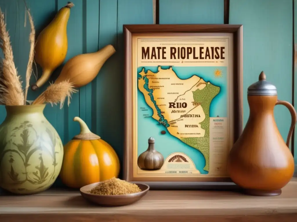 Anuncio vintage mate rioplatense: gourds, bombillas, termo y mapa sepia de la región Rio de la Plata