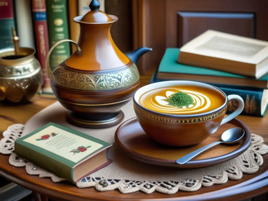 Café argentino con mate y libros antiguos - Beneficios yerbas compuestas saludables