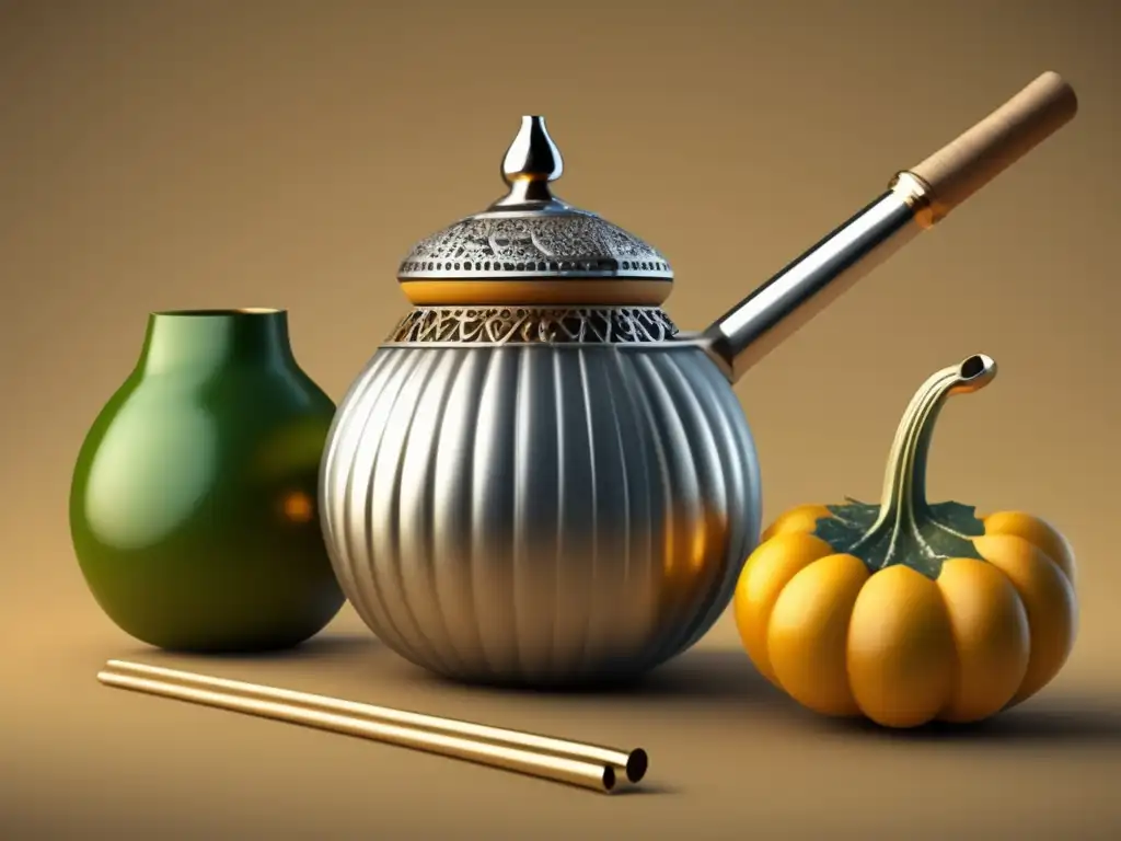 Arte del mate en diseño contemporáneo: mate gourd y bombilla, decorados con grabados de escenas gauchas y naturaleza argentina en estilo vintage