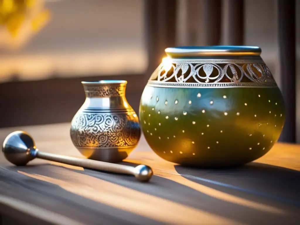 Arte mate en diseño contemporáneo - Gourd y bombilla mate vintage en mesa rústica con patrones tallados a mano, filigrana de plata y tonos terrosos