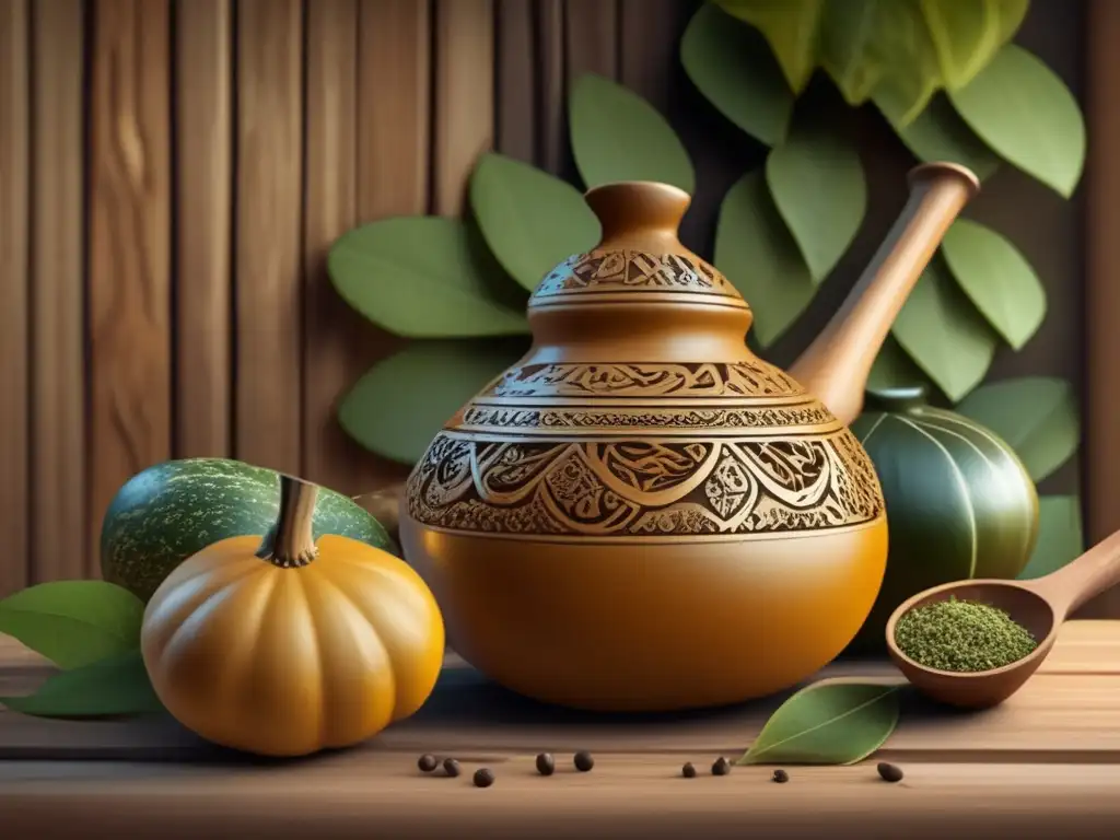 Arte en la preparación del mate: una imagen detallada y vintage que muestra la artesanía y preparación de mate en una cocina tradicional acogedora