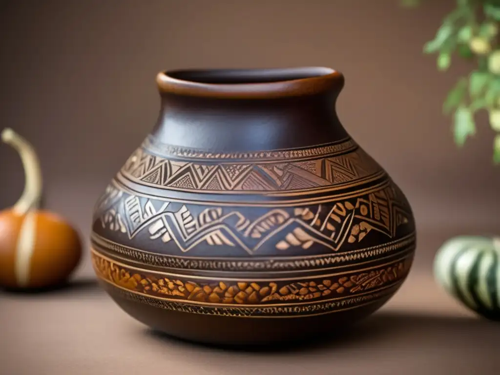 Artesanía en cuero para mates: Gourd de cuero oscuro con intrincados grabados y diseños tradicionales en tonos tierra