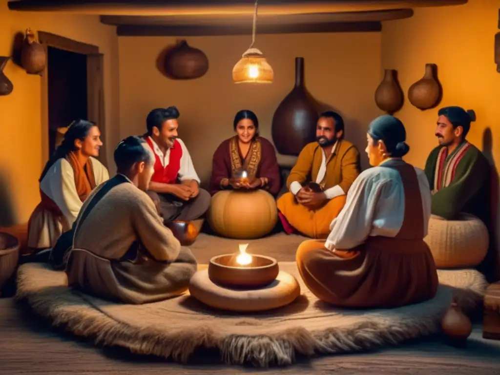 Artesanía del mate rioplatense tradición: Mate gathering in rustic room with traditional clothing, intricate gourd, and camaraderie