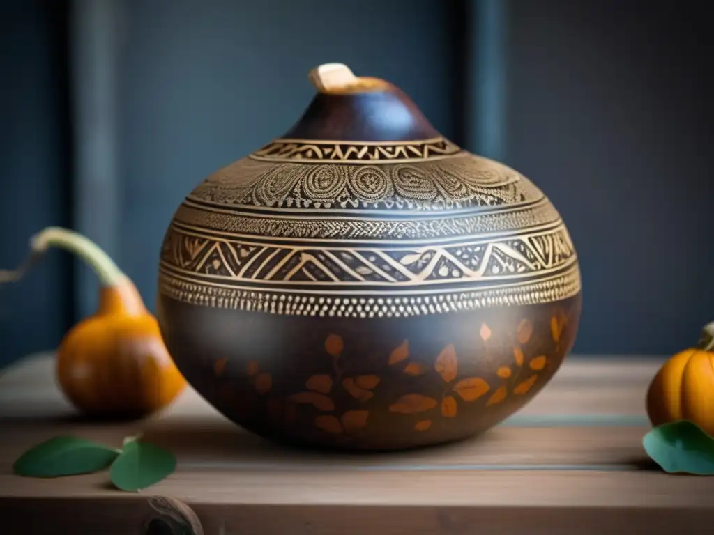 Pirografía en la artesanía rioplatense: Mate gourd con detalles intrincados y diseños de pirografía inspirados en la naturaleza