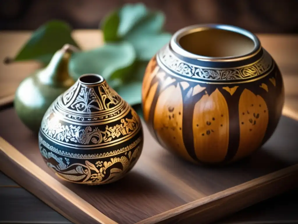 Artesanos tradicionales del mate Rioplatense: Gourd de madera oscura con grabados y elementos del ritual mate en una mesa rústica