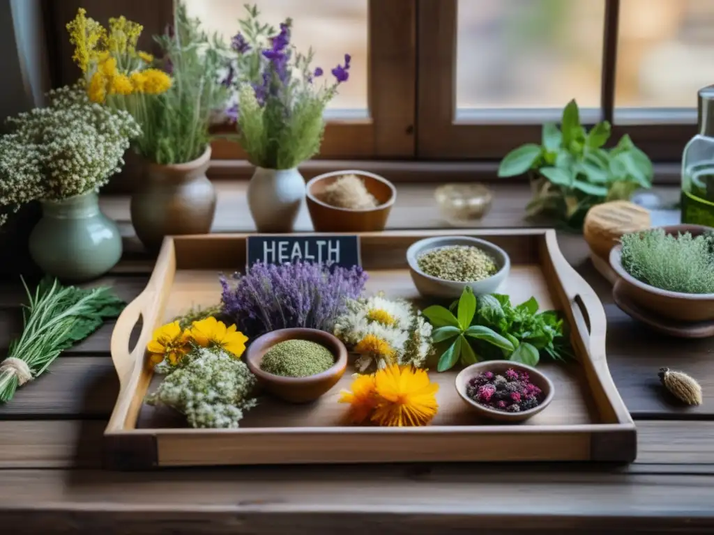 Bandeja de madera con hierbas y flores secas, beneficios yerbas compuestas saludables