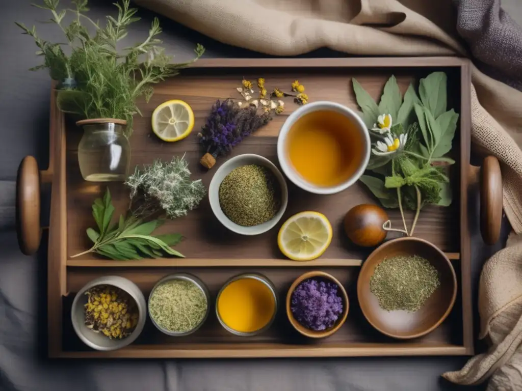 Bandeja de té de madera vintage con hierbas secas y hojas de mate, combinaciones de hierbas con mate