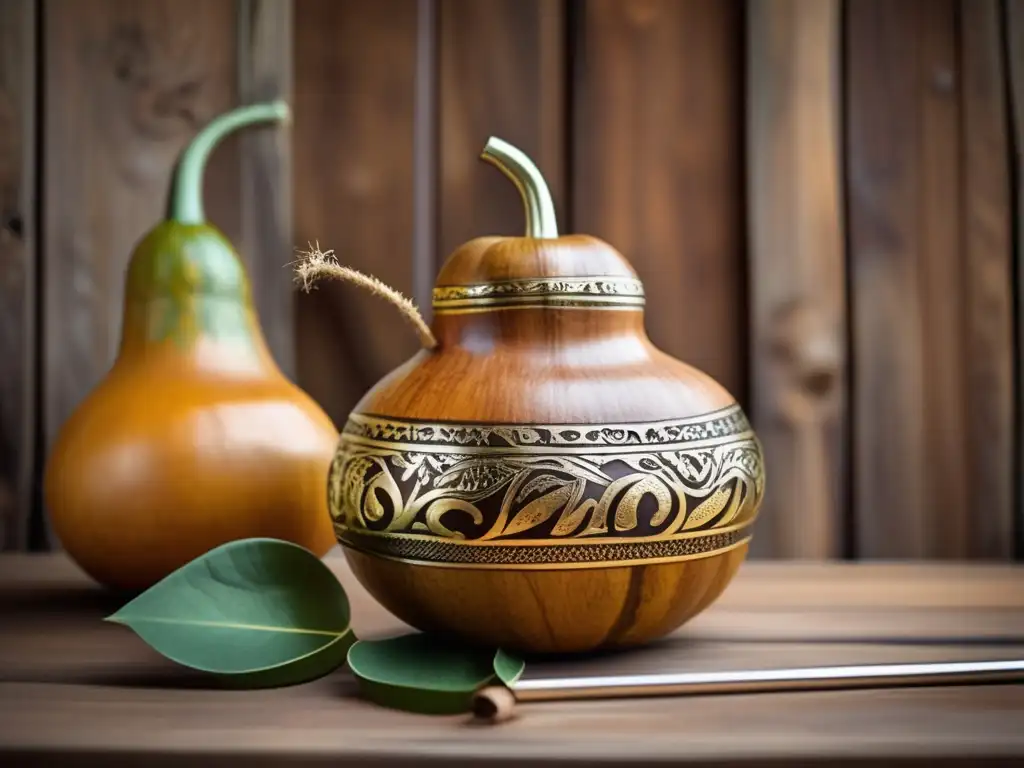 Beneficios del consumo de mate: Mate tradicional sudamericano con bombilla, gourd tallado y fondo de madera rústica