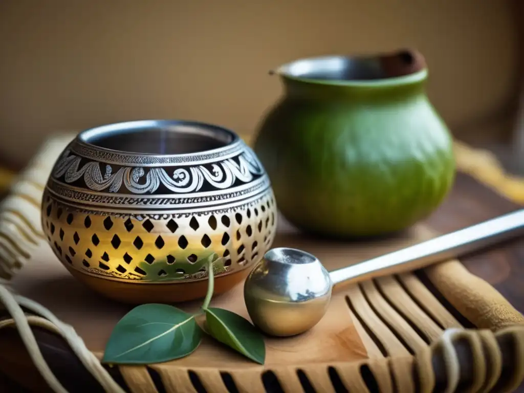 Beneficios curativos del mate tradicional: gourd y bombilla de plata con yerba mate y decoraciones intrincadas